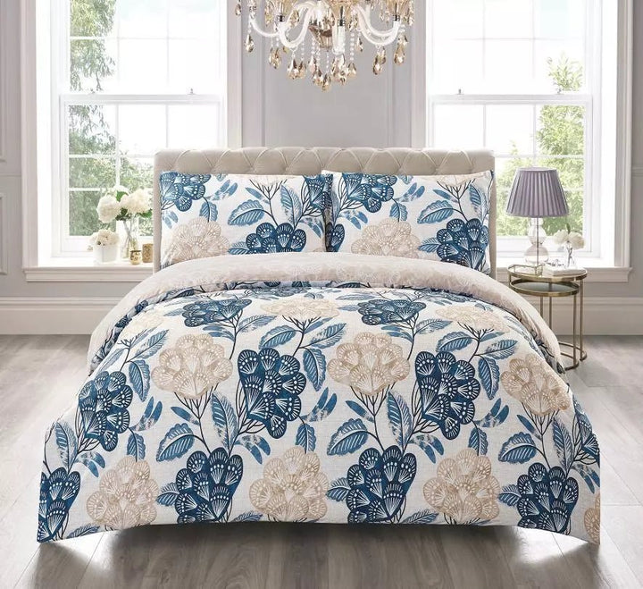 4Piece Complete Cotton Rich Bedding Set Duvet Cover Fitted Sheet With Pillow CasesCS/CR/Sngl/DmskBlue