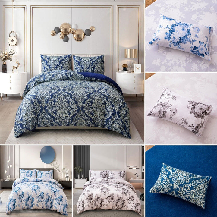 4Piece Complete Cotton Rich Bedding Set Duvet Cover Fitted Sheet With Pillow CasesCS/CR/Sngl/DmskBlue
