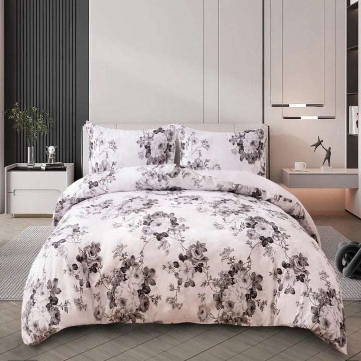 4Piece Complete Cotton Rich Bedding Set Duvet Cover Fitted Sheet With Pillow CasesCS/CR/Sngl/VntgFlrlGry