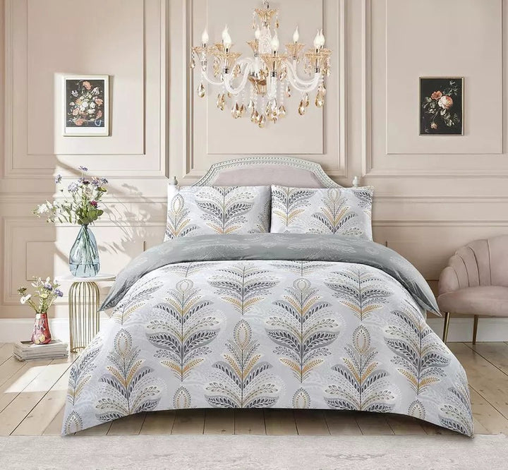 4Piece Complete Cotton Rich Bedding Set Duvet Cover Fitted Sheet With Pillow CasesCS/CR/Sngl/JasminSlvr