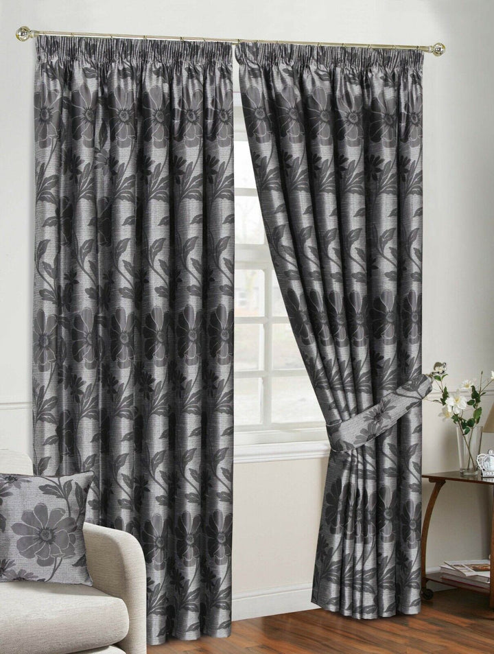 Pencil Pleat Curtain Pair Ready Made Fully Lined Jacquard Door Curtains Cushions