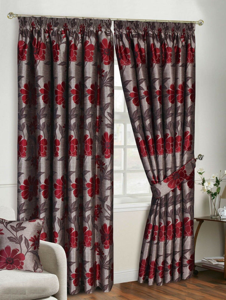 Pencil Pleat Curtain Pair Ready Made Fully Lined Jacquard Door Curtains Cushions