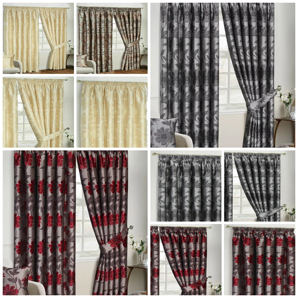 Pencil Pleat Curtain Pair Ready Made Fully Lined Jacquard Door Curtains Cushions