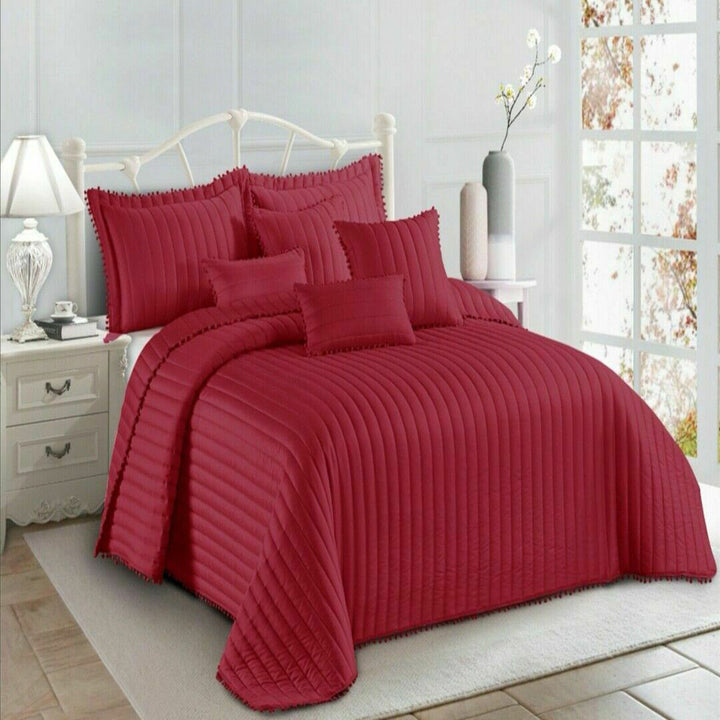 3Pcs Modern Quilted Pom Pom Bedspread Throw Set With Matching Pillow Cases