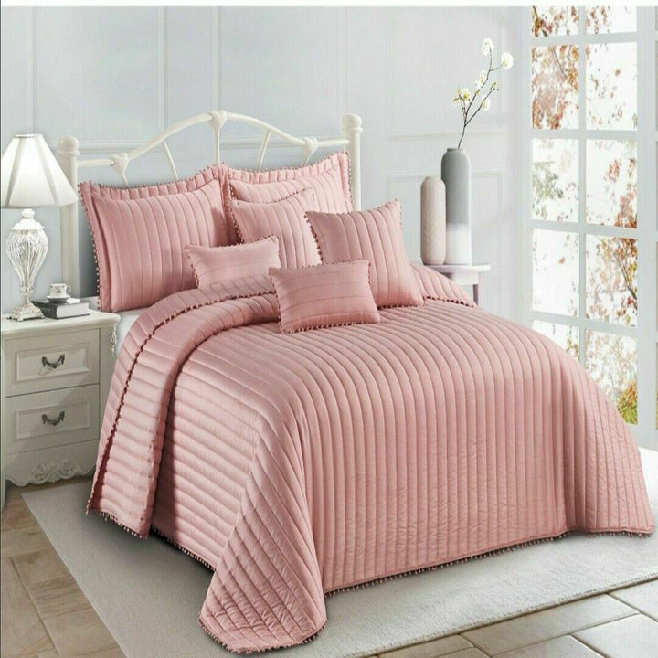 3Pcs Modern Quilted Pom Pom Bedspread Throw Set With Matching Pillow Cases
