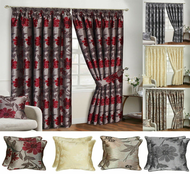 Pencil Pleat Curtain Pair Ready Made Fully Lined Jacquard Door Curtains Cushions
