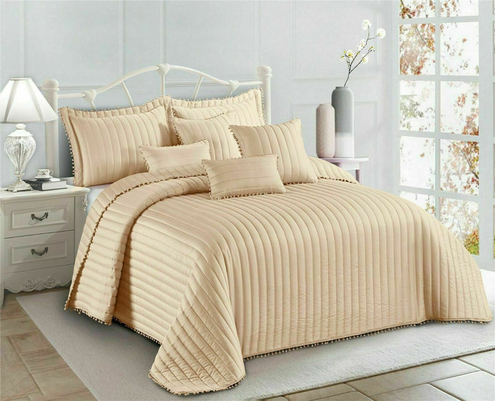 3Pcs Modern Quilted Pom Pom Bedspread Throw Set With Matching Pillow Cases