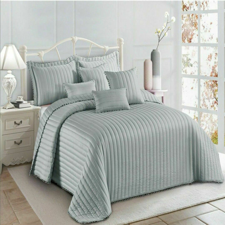 3Pcs Modern Quilted Pom Pom Bedspread Throw Set With Matching Pillow Cases
