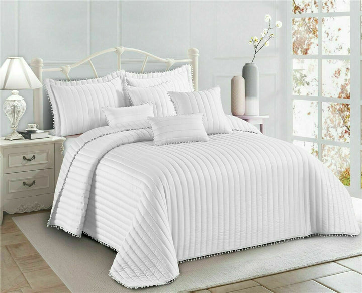 3Pcs Modern Quilted Pom Pom Bedspread Throw Set With Matching Pillow Cases