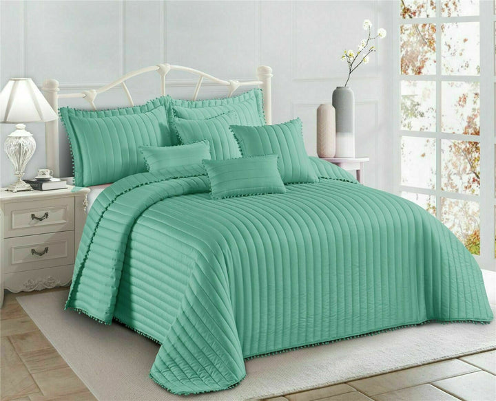 3Pcs Modern Quilted Pom Pom Bedspread Throw Set With Matching Pillow Cases