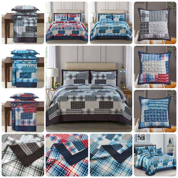 3 Pcs Quilted Patchwork Bedspreads Bed Throw Single Double King size Comforters