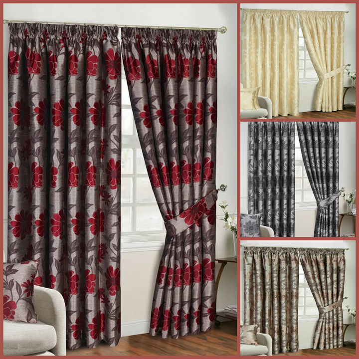 Pencil Pleat Curtain Pair Ready Made Fully Lined Jacquard Door Curtains Cushions