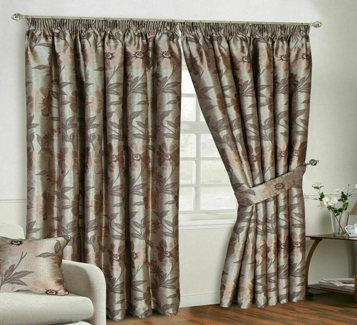 Pencil Pleat Curtain Pair Ready Made Fully Lined Jacquard Door Curtains Cushions