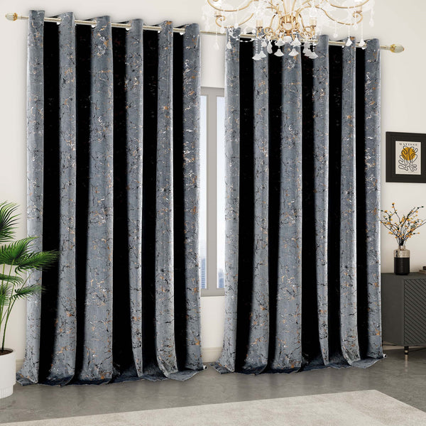 Velvet Curtains Heavy Thick Glitzy Printed Eyelet Ring Top Thermal Insulated Ready Made Pair Panels for Living Room Bedroom & Office